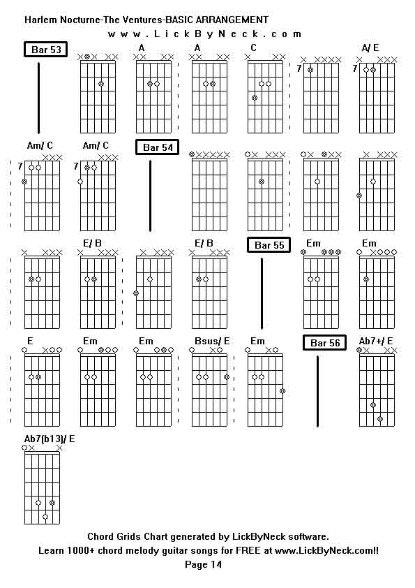 Chord Grids Chart of chord melody fingerstyle guitar song-Harlem Nocturne-The Ventures-BASIC ARRANGEMENT,generated by LickByNeck software.